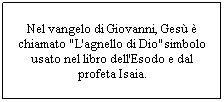 Casella di testo: Nel vangelo di Giovanni, Ges  chiamato "L'agnello di Dio"simbolo usato nel libro dell'Esodo e dal profeta Isaia.
 
